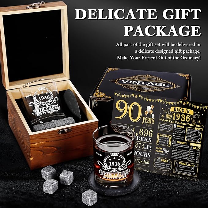 YeohJoy 90th Birthday Gifts for Men,Vintage 1936 Whiskey Glass Set,Wood Box & Whiskey Stones & 1936 Poster Anniversary Card & Coaster,Birthday Gifts Ideas for Him,Husband,Dad