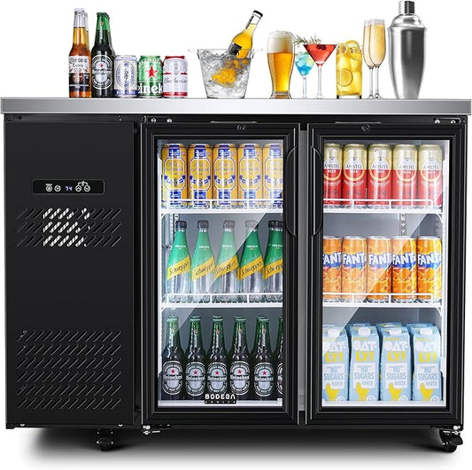 BODEGACOOLER Commercial Back Bar Cooler with 2 Glass Doors,12 Cu.Ft Stainless Steel Commercial Counter Height Bar Refrigerator,Display Drink Beverage Beer Fridge LED Lighting,SUS304 Top,4 Casters