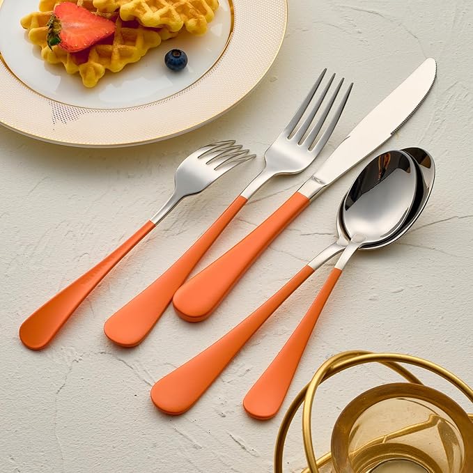 20-Pieces Orange Silverware Sets for 4,Orange Handle Stainless Steel Cutlery Set, Include Forks Spoons and Knives Set, Dishwasher Safe Utensil Sets for Home Restaurant