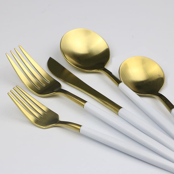 20-Pieces Luxury White Handle Gold 18/10 Stainless Steel Flatware Set, Matte Finish, Service for 4