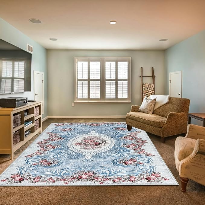 Easy-Going Large Area Rug 8x10 Washable Floral Rug for Living Room Non-Slip Bedroom Rugs Low Pile Lightweight Retro Flowers Throw Rug for Dining Room Kitchen Home Office Carpet, Teal Red