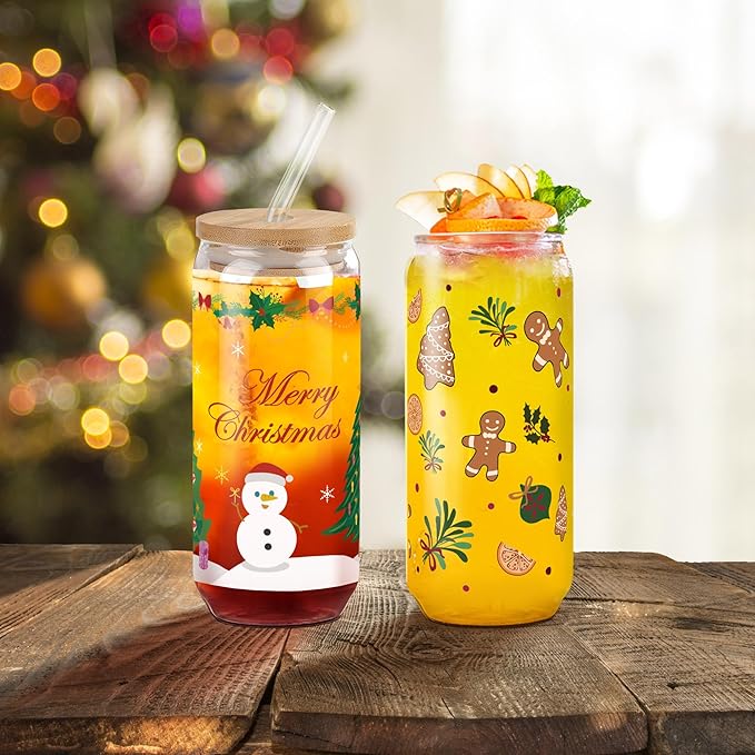 Joeyan Christmas Glass Cups with Lids and Straws,Cute Xmas Gingerbread Man Tumbler Iced Coffee Glass with Keychain and Socks,Drinking Glasses with Leaves Patterns,Decorations Gift For Women,20oz