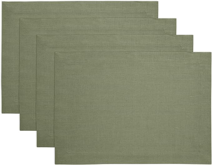Solino Home Linen Cloth Placemats Set of 4 - 100% Pure Linen Oil Green Placemats 14 x 19 Inch for New Year - Fete