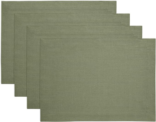 Solino Home Linen Cloth Placemats Set of 4 - 100% Pure Linen Oil Green Placemats 14 x 19 Inch for New Year - Fete
