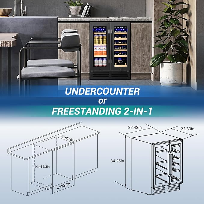 Wine and Beverage Refrigerator Black, 24 Inch Beverage Cooler Under Counter Dual Zone with Glass Door&Lock, 18 Bottles and 68 Cans Large Capacity for Beer Soda Drink, Built-In or Freestanding Fridge