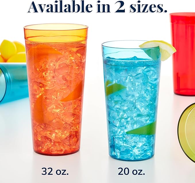 US Acrylic Café Plastic Reusable Tumblers (Set of 12) 32-ounce Iced-Tea Cups, Assorted | Value Set of Restaurant Style Drinking Glasses, Stackable, BPA-free, Made in the USA | Top-rack Dishwasher Safe