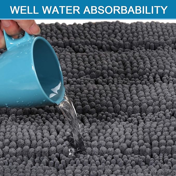 H.VERSAILTEX Bath Rugs for Bathroom Non Slip Bath Mats Extra Thick Chenille Striped Bath Rug Runners 47" x 17" Absorbent Fluffy Soft Shaggy Mats Dry Fast Plush Area Carpet for Bath Room - Grey