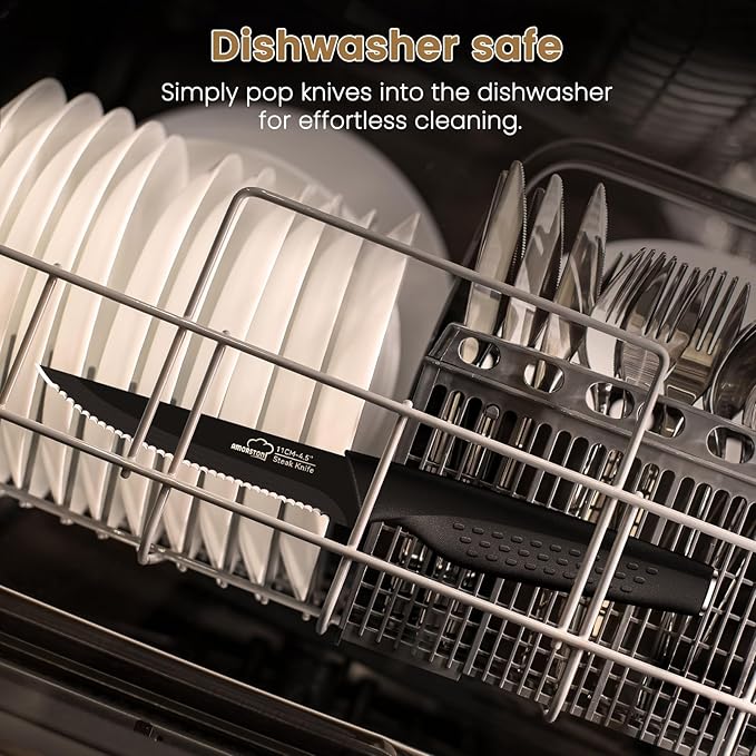 Amorston Steak Knives, Steak Knives Set of 8, Stainless Steel Steak Knife Set, Serrated Knives Dishwasher Safe, Elegant Black