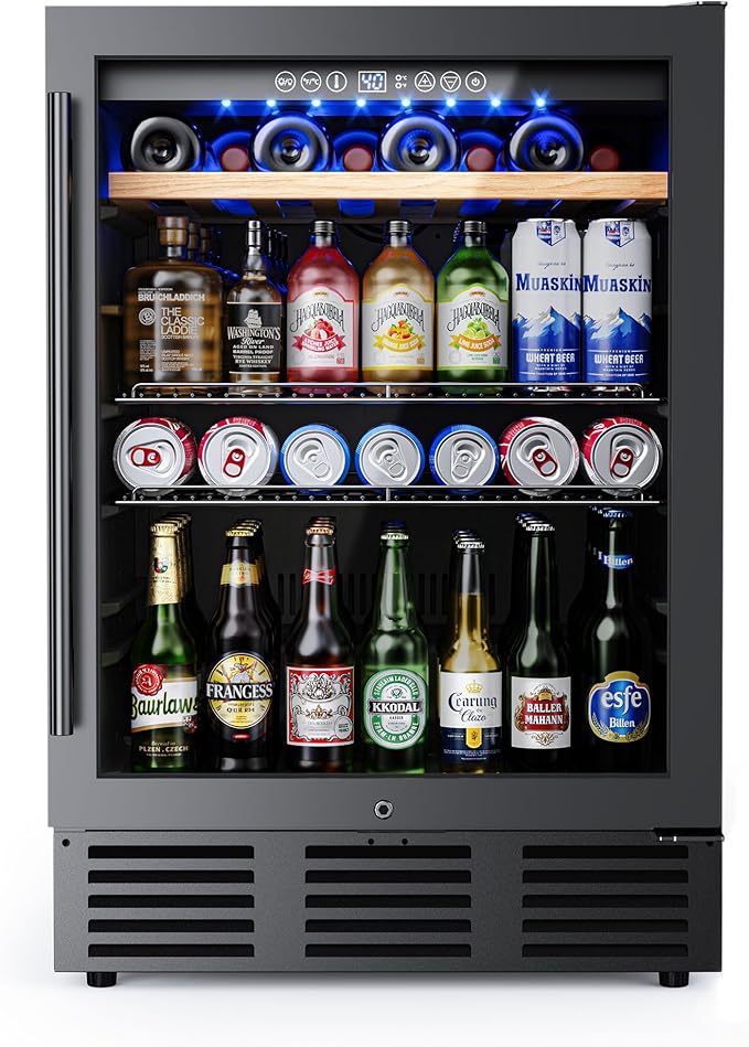 24 In Beverage Refrigerator, 112 Cans & 8 Bottles Wine Fridge with Double-Layer Glass Door, Built-In or Freestanding Wine and Beverage Refrigerator, Under Counter Fridge for Home/Bar/Cafe