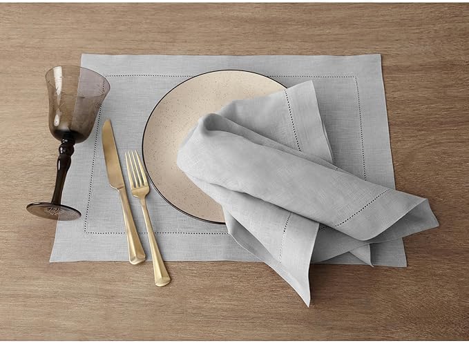 Solino Home Linen Napkins Set of 4 - Classic Hemstitch 100% Pure Linen Soft Grey Dinner Napkins Cloth 20 x 20 Inch for Winter, New Year - Handcrafted and Machine Washable