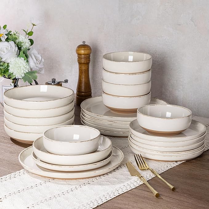 AmorArc Ceramic Dinnerware Sets with Pasta Bowls for 4, Handpainted Plates and Bowls Set with Rustic Terracotta Underside, Scratch Resistant Dishes Set, Dishwasher & Microwave Safe, 16 Pcs