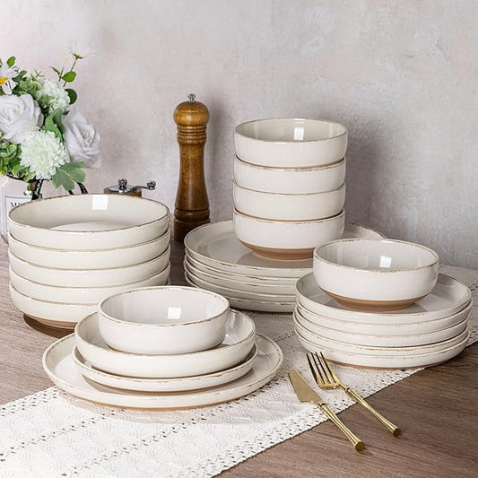 AmorArc Ceramic Dinnerware Sets with Pasta Bowls for 4, Handpainted Plates and Bowls Set with Rustic Terracotta Underside, Scratch Resistant Dishes Set, Dishwasher & Microwave Safe, 16 Pcs