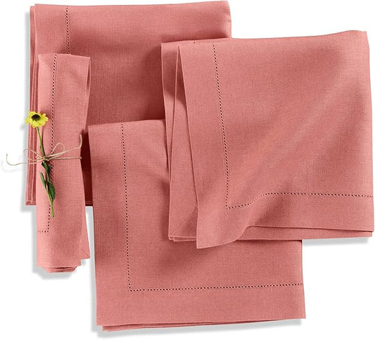 Solino Home Linen Napkins Set of 4 - Medium Weight 100% Pure Linen Hemstitch Dusty Rose Dinner Napkins Cloth 20 x 20 Inch for Valentines - Handcrafted and Machine Washable