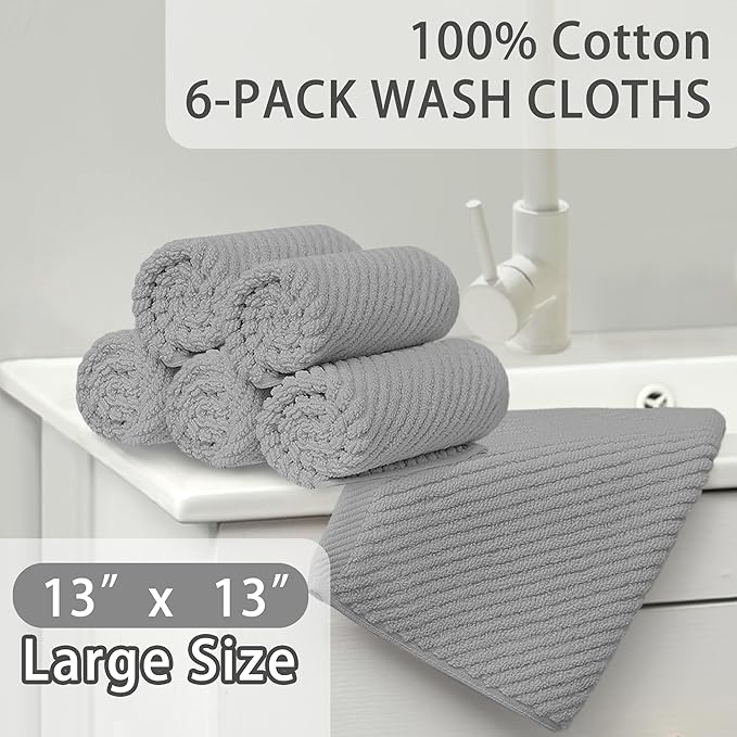 VOOVA & MOVAS Grey Washcloths 6PC (13"x13") - 100% Cotton | Lightweight | Thick | Quick Dry | Soft | Absorbent, Small Hand Towels for Face, Wash Cloths for Bathroom & Showering, Towel Gift Set, Gray