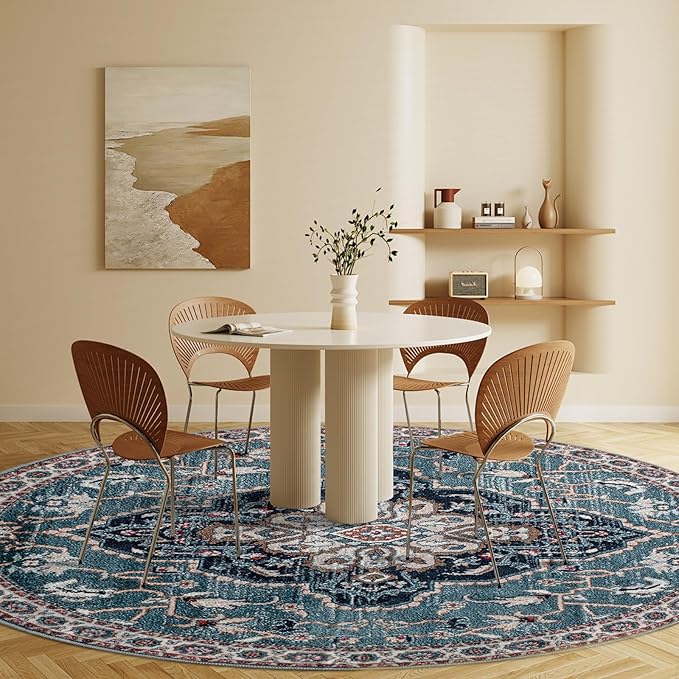 Easy-Going Round Rug 6ft Area Rug Medallion Distressed Washable Circle Rugs for Living Room Non-Slip Bedroom Rug Low Pile Lightweight Vintage Retro Throw Rug for Dining Room Kitchen Office, Teal Brick