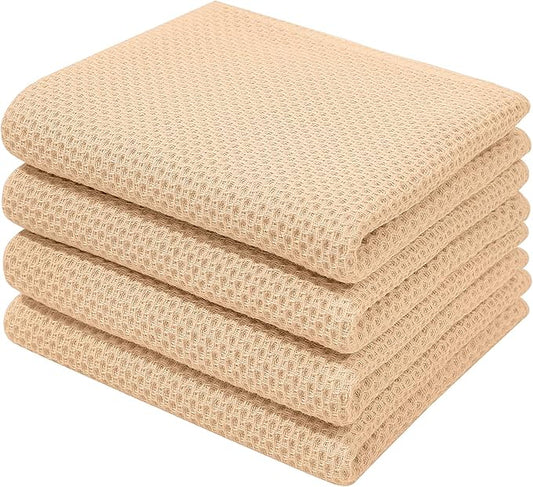 Homaxy 100% Cotton Waffle Weave Kitchen Dish Towels, Ultra Soft Absorbent Quick Drying Cleaning Towel, 13 x 28 Inches, 4-Pack, Apricot