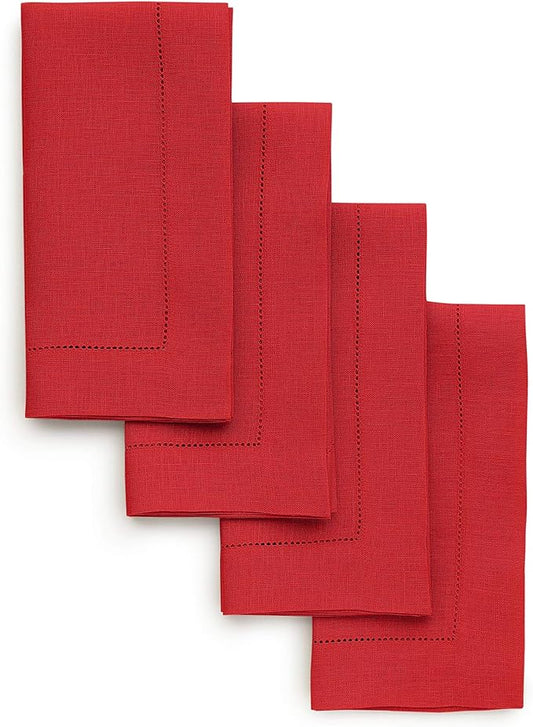 Solino Home Red Linen Napkins Set of 4-100% Pure Linen Hemstitch Dinner Napkins 20 x 20 Inch for Valentines, Holiday, Winter, New Year - Classic Hemstitch