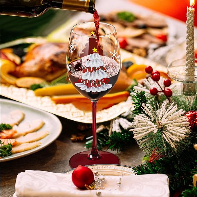 Joeyan Christmas Crystal Red and White Wine Glasses,Hand Painted Glass Goblet Drinking Glasses,Red Xmas Tree and Snowflakes Patterned Glass Tumbler Cups with Stem,Gift for Men Women,19.5 oz,Set of 2