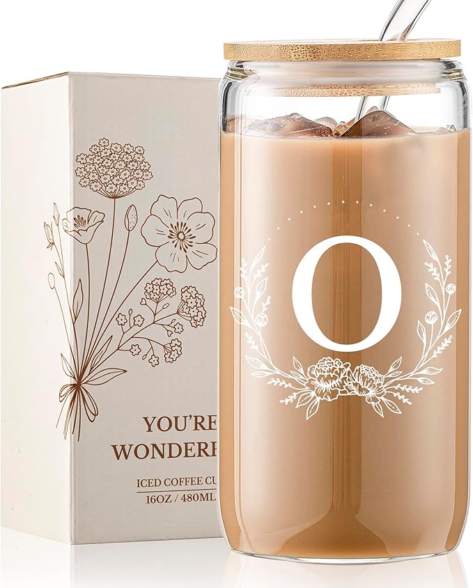 Personalized Gifts for Women, Monogrammed 16oz Glass Cups with Bamboo Lids and Straws, Customized Glass Tumbler, Cute Custom Mug, Customizable Initial Iced Coffee Glasses, Birthday Bridesmaid Mom, O