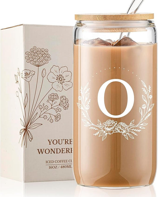 Personalized Gifts for Women, Monogrammed 16oz Glass Cups with Bamboo Lids and Straws, Customized Glass Tumbler, Cute Custom Mug, Customizable Initial Iced Coffee Glasses, Birthday Bridesmaid Mom, O