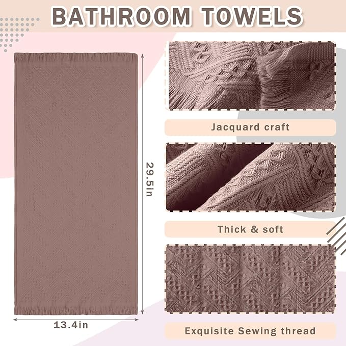 4 Pack Boho Bathroom Hand Towel 14 x 30 Inch 100% Turkish Cotton Decorative Boho Kitchen Hand Towel Farmhouse Bathroom Decor Set Absorbent Soft Guest Tea Gift(Brown)