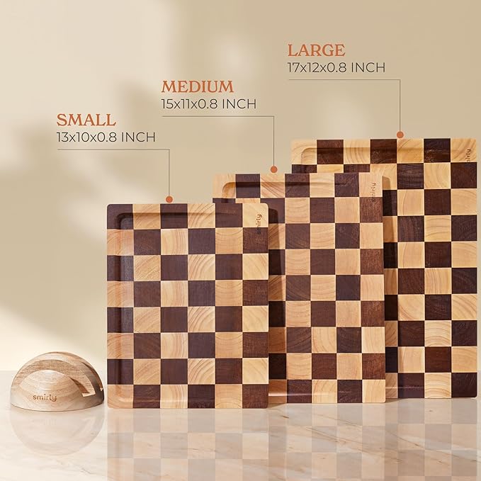 SMIRLY Wood Cutting Boards for Kitchen Wooden Chopping Board Set Reversible with Deep Juice Grooves Grip Handles, Large Charcuterie Tray for Home Kitchen, Rubber Wood, 3Pcs with Holder