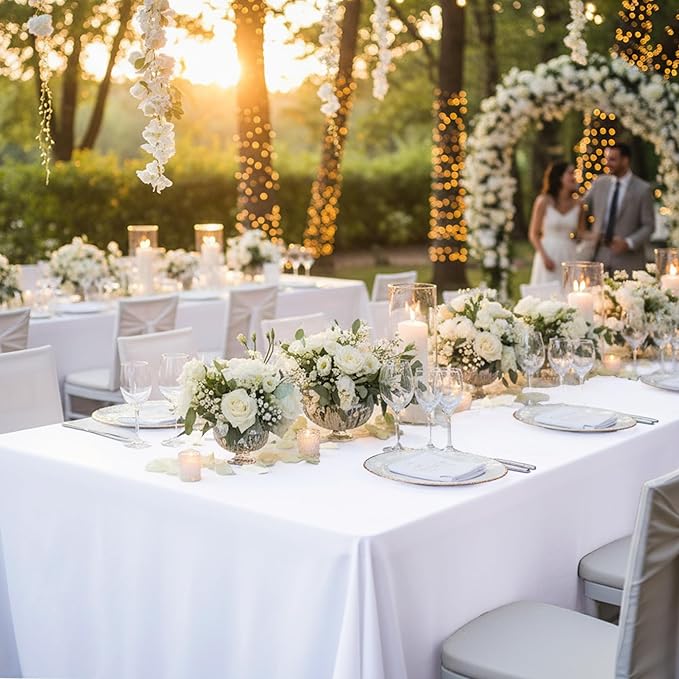 6-Pack White Tablecloths for Square Tables, 54 x 54 Inches, Stain-Resistant Polyester Fabric for 2 Foot Tables - Washable Table Covers for Weddings, Banquets, Birthday Parties, Events