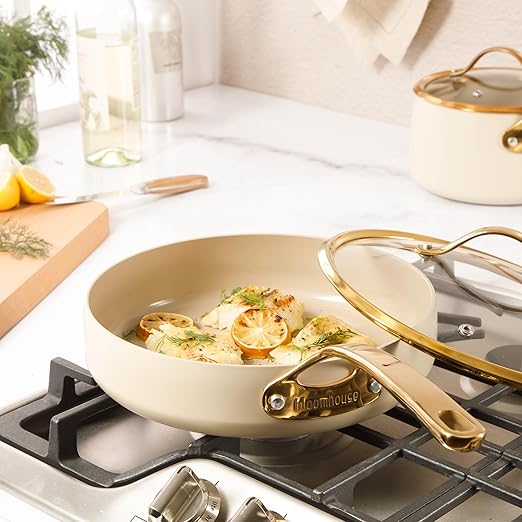 bloomhouse - Two Time Oprah's Favorite Things Winner - 10 Inch Heavy Duty Aluminum Premium PFA Free Ceramic Nonstick Saute/Deep Frying Pan Skillet with Lid - Almond Cream w/Gold Handle