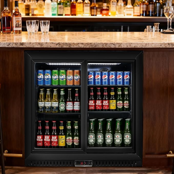 Commercial Back Bar Cooler with 2 Glass Sliding Doors, 7.4 cu.ft Under Counter Beverage Refrigerator, LED Lighting - ETL Beer and Wine Cooler for Bar, Restaurant, Garage, Office, Home