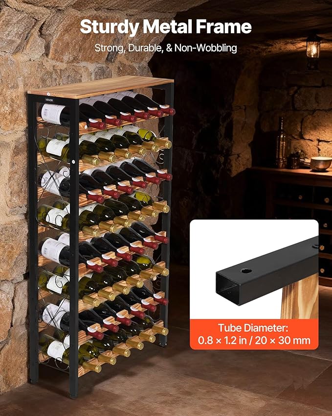 VEVOR 48 Bottle Wine Rack,8-Tier Wine Bottle Holder,Freestanding Floor Display Wine Storage Shelves with Wood Table Top,for Kitchen Pantry, Cellar, Bar, Dining Room, Living Room, Black