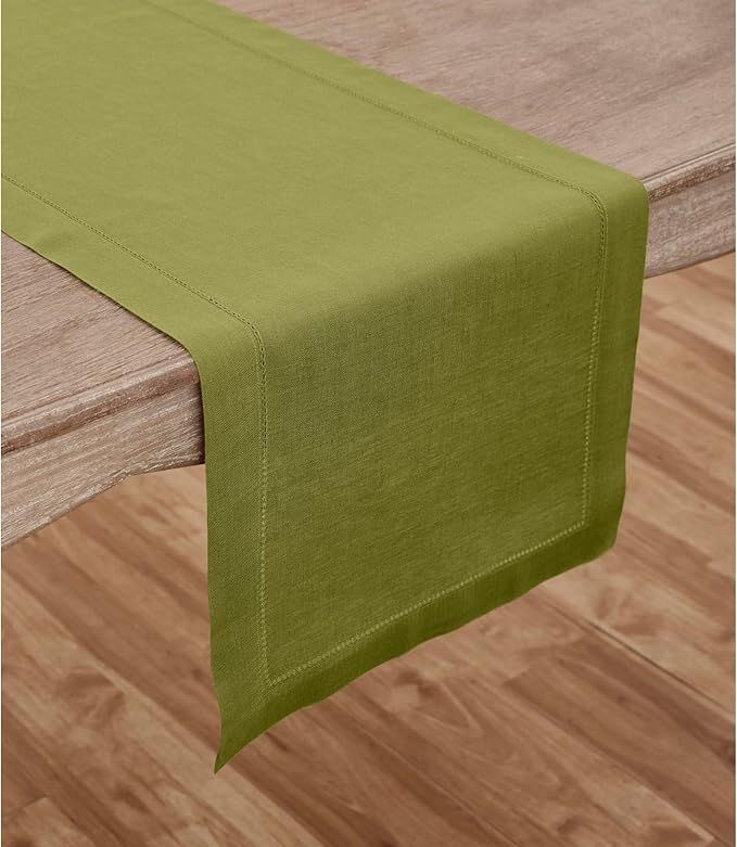 Solino Home Linen Table Runner 120 Inches Long - 100% Pure Linen Avocado Green Table Runner 14 x 120 Inch - Classic Hemstitch