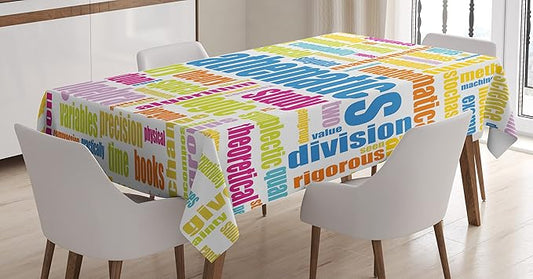 Ambesonne Mathematics Room Tablecloth, Math Related Different Words Conceptual Terminology Group Print, Rectangular Table Cover for Dining Room Kitchen Decor, 60" X 84", Blue Yellow
