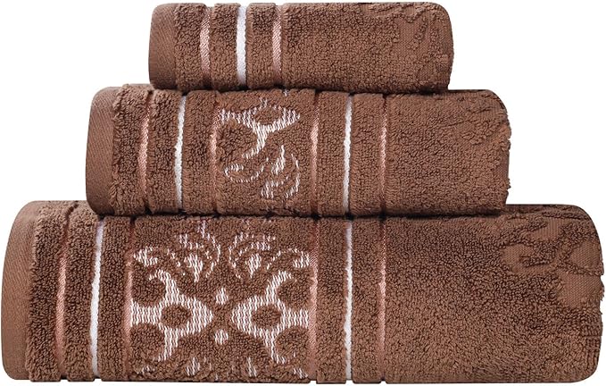 Superior Cotton 3 Piece Towel Set, Includes 1 Bath, 1 Hand, 1 Washcloth/Face Towel, Quick Dry, Home Essentials, Shower, Spa, Luxury Plush Soft Absorbent Towels, Zero Twist, Jacquard Floral, Chocolate