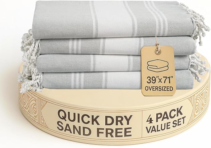 LANE LINEN Oversized Beach Towels 4 Pack – Pre-Washed, Extra Large, Quick Dry, No Sand, Absorbent Pool Towels for Adults, 39"x71", Grey