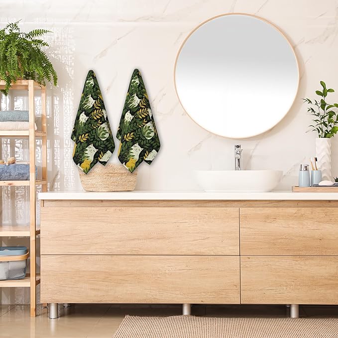 Hand Towels for Bathroom Set of 2,Cute Cats and Green Plants Decorative Soft Bathroom Towels for Kitchen Bath Towels Art Guest Gym Spa 14x28in