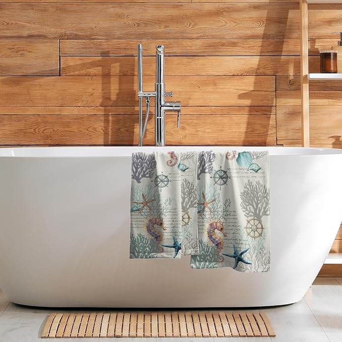 Imiss Nautical Blue Coral Hand Towels Set of 2 Vintage Seashell Starfish Compass Decorative Bath Towels Soft Small Fingertip Face Towel for Home Bathroom Hotel