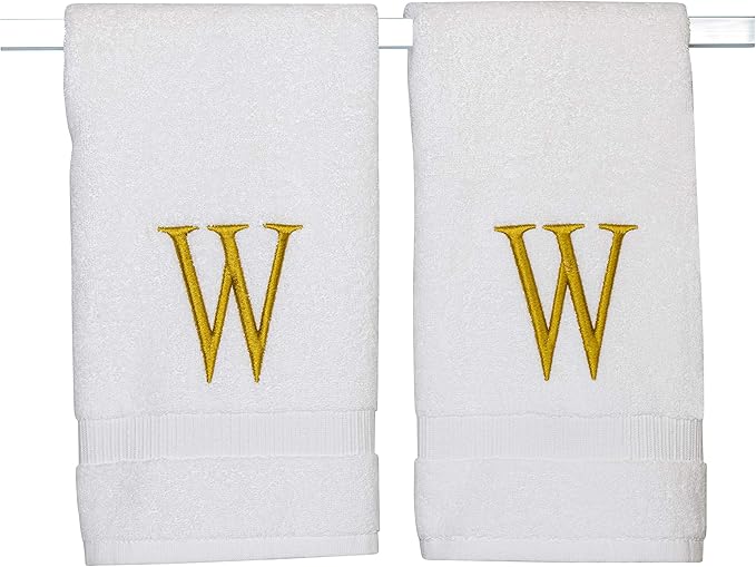 Monogrammed Hand Towels for Bathroom - Luxury Hotel Quality Personalized Initial Decorative Embroidered Bath Towel for Powder Room, Spa - GOTS Organic Certified - Set of 2 Gold Letter W