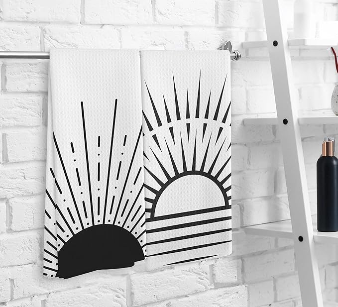 Minimalist Boho Black Sun Rising from Ocean Vintage Sunburst Sunshine Kitchen Towels and Dishcloths Sets of 2,Boho Absorbent Drying Cloth Hand Towels Tea Towels for Bathroom Kitchen,16×24 inches