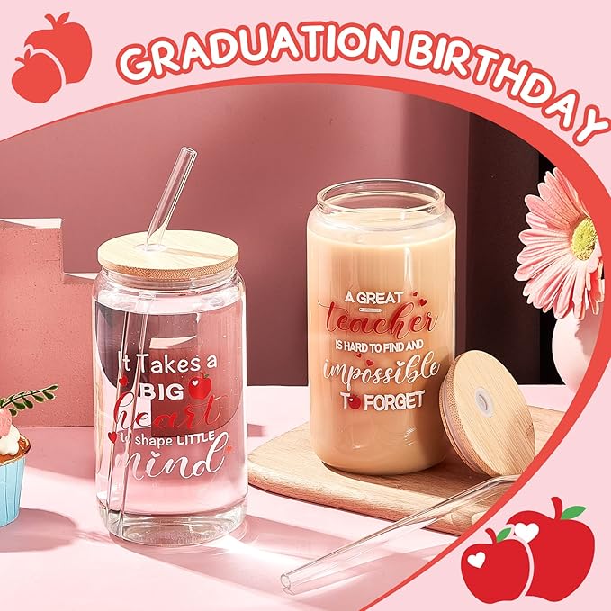 4 Pcs 16 oz Christmas Teacher Gifts for Women Teacher Appreciation Gifts Thank You Coffee Cup Tumbler Drinking Glass Beer Cups with Bamboo Lids Glass Straw Cleaning Brush for Employee Staff(Classic)