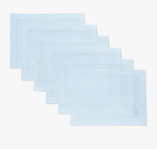 Solino Home Linen Cloth Placemats Set of 6-100% Pure Linen Hemstitch Light Blue Placemats 14 x 19 Inch - Classic Hemstitch Table Place Mats for Winter, New Year