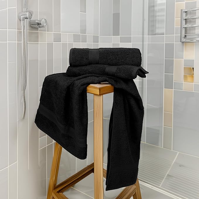 Medium Size Bath Towels Set of 6 – 100% Cotton Terry – 24" x 48" – Quick Dry, Soft & Highly Absorbent – Black Towels for Bathroom, Gym, Spa, Pool & Daily Use