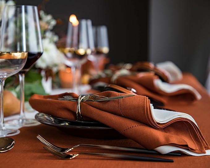 Solino Home Linen Napkins Set of 4 - Classic Hemstitch 100% Pure Linen Cinnamon Dinner Napkins Cloth 20 x 20 Inch for Winter - Handcrafted and Machine Washable