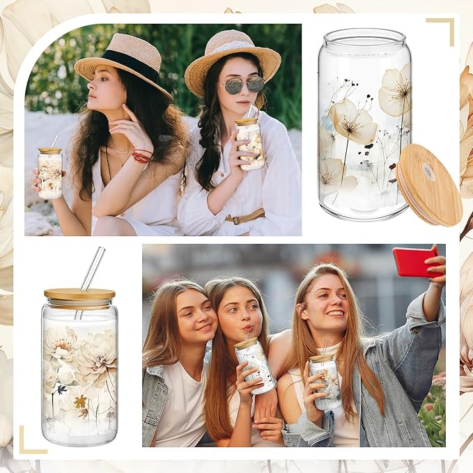 Mumufy 4 Pcs Gift for Women Chinoiserie Flower Glass Cup Tumbler Flower Iced Coffee Mugs 16 oz Glass with Bamboo Lid & Straw, Mothers Day Birthday Gift for Mom Sister Bridesmaid Baby Shower