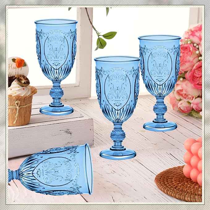 24 Pcs Plastic Goblets 7.5oz Vintage Goblet Plastic Wine Glasses Colored Retro Embossed Water Goblets for Wine Bar Juice Baby Shower Wedding Reception Grand Event Party (Royal Blue)