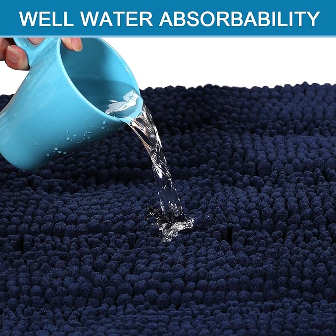 H.VERSAILTEX Bath Mats for Bathroom Non Slip Extra Thick Chenille Striped Bath Rug 24" x 36" Absorbent Non Skid Fluffy Soft Shaggy Rugs Washable Dry Fast Plush Mats for Indoor, Bath Room, Tub - Navy