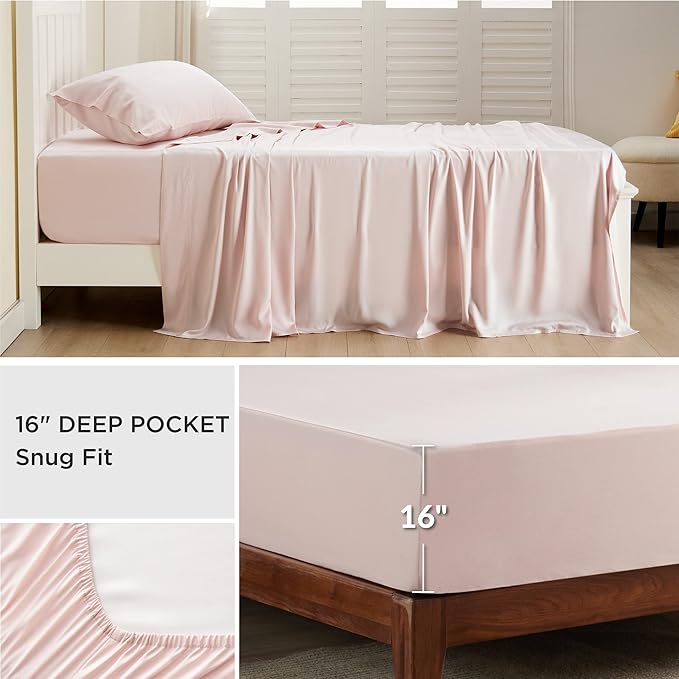 Bedsure Cooling Sheets Twin XL, Rayon Derived from Bamboo, Breathable & Soft Twin XL Sheet Sets, Deep Pocket Up to 16 Inches, Hotel Luxury Silky Dorm Bedding for Hot Sleepers, Pink
