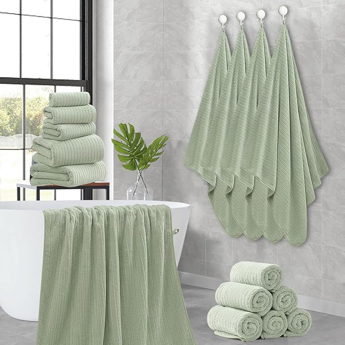 18 Piece Family Bath Towel Set Include 6 Bath Towels,6 Hand Towels and 6 Washcloths Soft Bathroom Towel with Hanging Loops,Highly Absorbent Quick Dry Towels Set for Bathroom,Hotel and Spa-Green