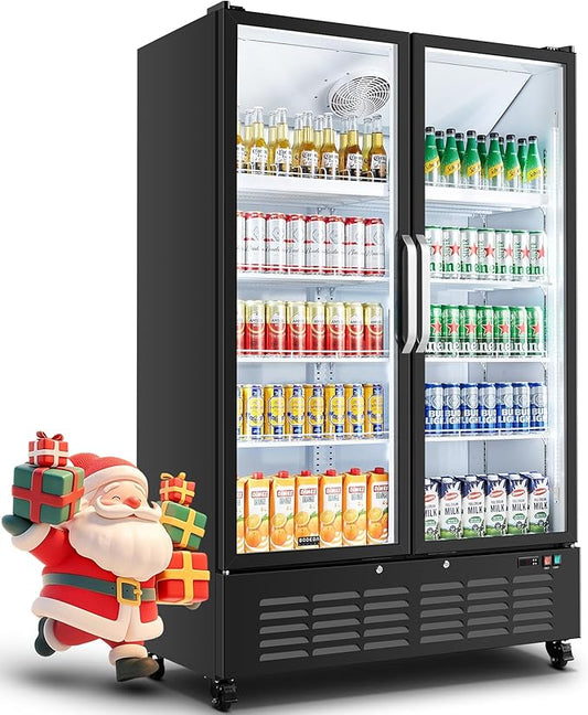 BODEGACOOLER Commercial Merchandiser Refrigerator, 36.8 Cu.Ft Upright Display Beverage Cooler, 2 Glass Door Display Refrigerator with Soft LED Light, Adjustable Shelves, 4 Strong Castors(Black)