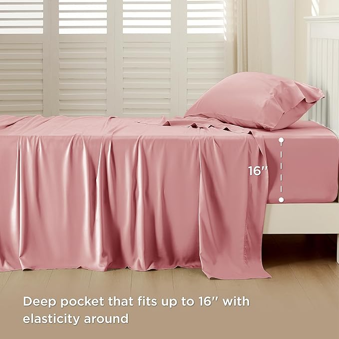 Bedsure Cooling Sheets Twin, Rayon Derived from Bamboo, Breathable & Soft Twin Sheets Set, Deep Pocket Up to 16 Inches, Hotel Luxury Silky Bedding for Hot Sleepers, Blush Pink