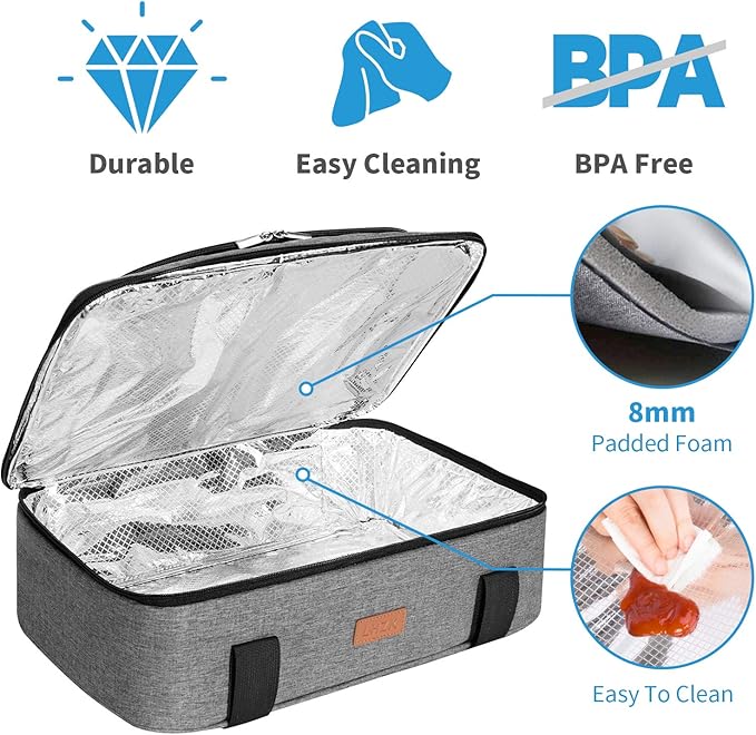 LHZK Double Decker Insulated Casserole Carrier for Hot or Cold Food, Expandable Hot Food Carrier, Lasagna Holder Tote for Potluck Parties, Picnic, Beach, Fits 11 x 15 or 9 x 13 Baking Dish (Grey)